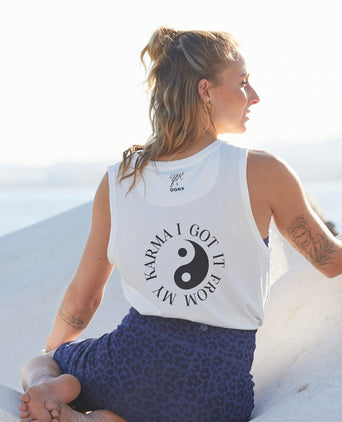 Yoga Athletic Tank I Got It From My Karma by Angélique Poulain Bio Baumwolle Tencel™ Tara - weiß | color:weiß | Yoga Athletic Tank I Got It From My Karma by Angélique Poulain Bio Baumwolle Tencel™ Tara |108 print | yoga damen tank top nachhaltig