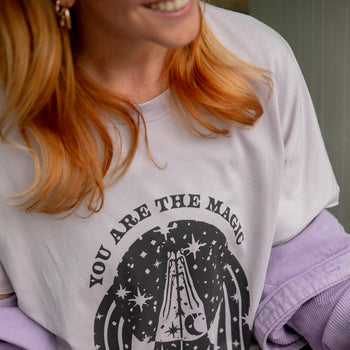 Yoga Boxy T-Shirt You Are The Magic by Nuri Rodríguez Organic Cotton Tencel™ Sora - purple | color:lila | yoga damen boxy t-shirt sora 108 | bio baumwolle tencel | t-shirt 108 nuri rodríguez you are the magic | yoga damen t-shirt nachhaltig