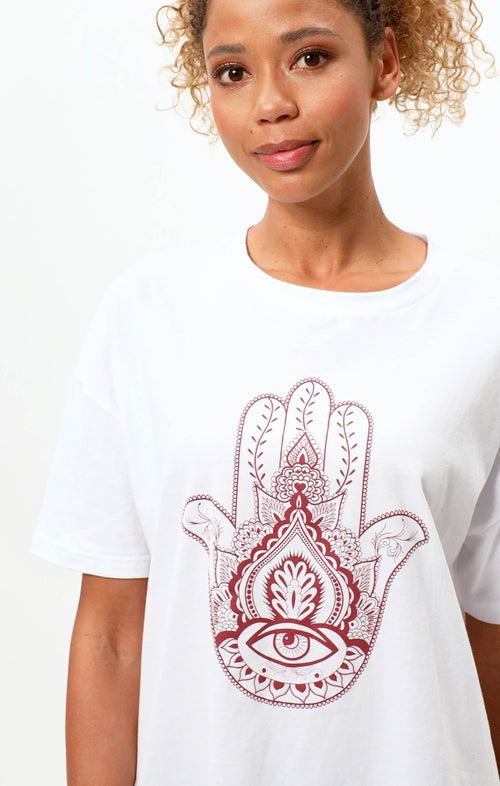 | color:weiß |yoga tshirt hamsa hand weiß bio baumwolle