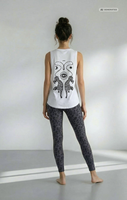 Yoga Athletic Tank 2.0 Cosmic Leopard Bio Baumwolle Tencel™ Tara - weiß – AI GENERATED / KI-GENERIERT