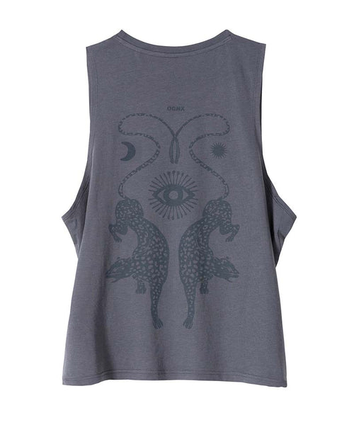 | color:grau | yoga damen boxy tank cosmic leopard | bio baumwolle tencel | yoga boxy tank top | yoga oberteil nachhaltig
